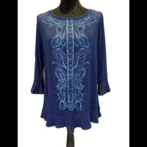 Westport Womens Blouse Navy Size Large Ruffle Hem Comfy Boho Peasant Top